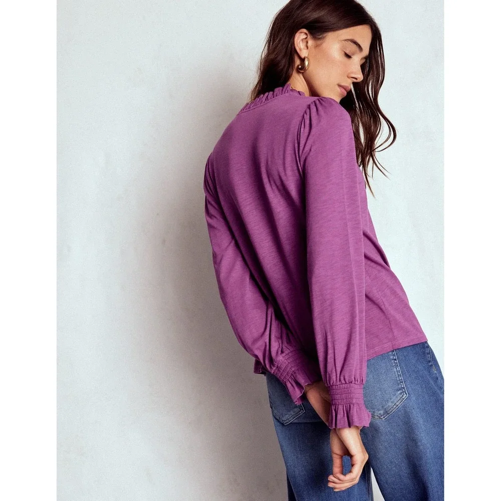 Boden Womens Purple Smocked Yoke Ruffle Button Front Blouse Top US 4 Modal Blend